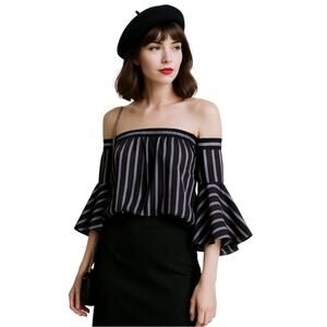 MILLY INES STRIPED OFF-THE-SHOULDER TOP IN BLACK - PETITE (0-2)